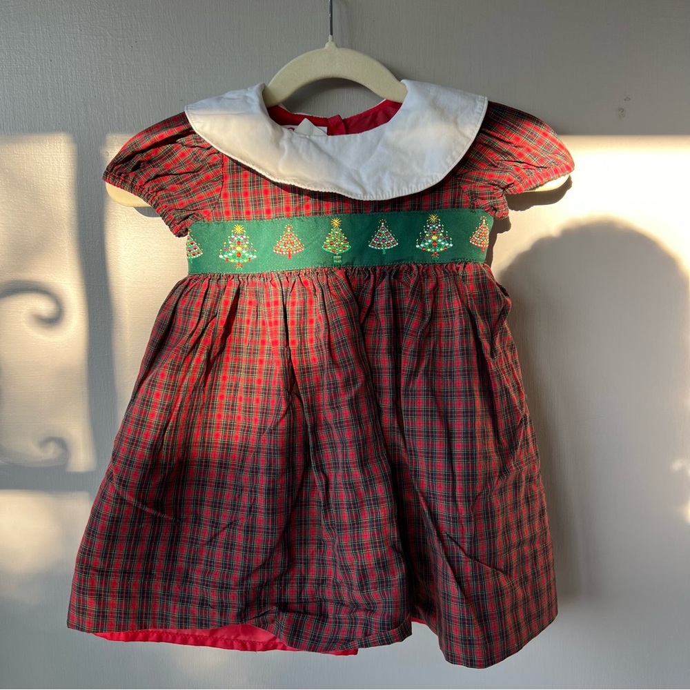 Girls Collared Christmas Tree Embroidered Dress